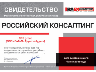 Свидетельство RAEX Российский консалтинг, 04.06.2019